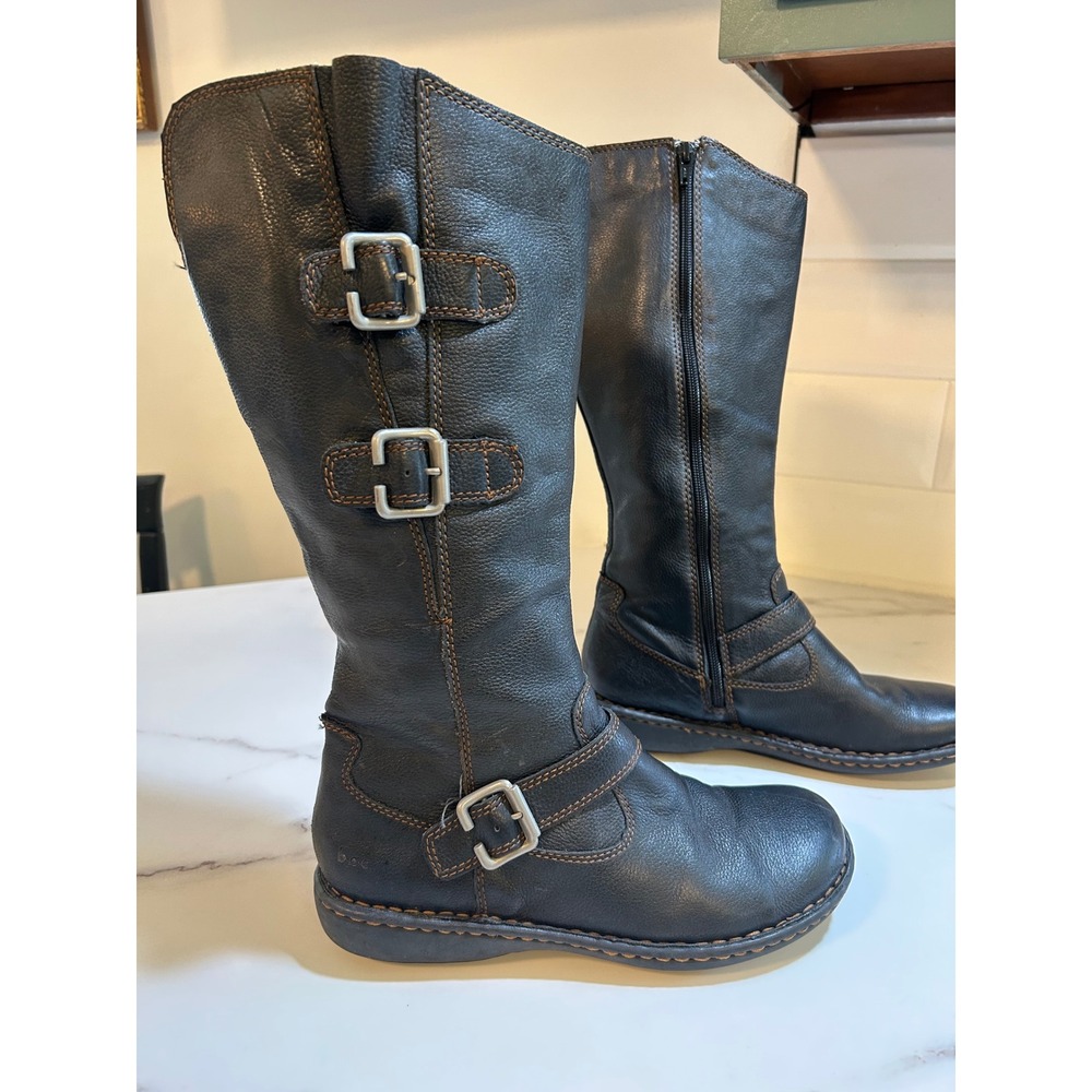 b.o.c. Born Concept Black Leather Moto Tall Boots Buckle BC3804 Womens 9.5 41